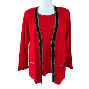 Eccobay Red Black Gold Trimmed Cardigan Sweater Set Women's Medium‎
